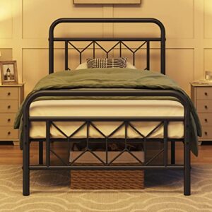 topeakmart twin bed frames metal platform bed with vintage style headboard/mattress foundation/no box spring needed/under bed storage/strong slat support black twin bed