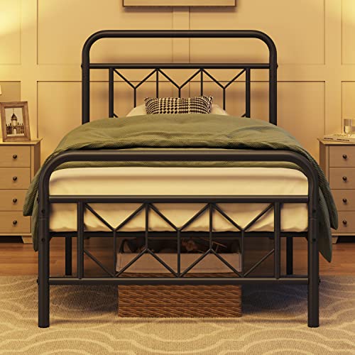 Topeakmart Twin Bed Frames Metal Platform Bed with Vintage Style Headboard/Mattress Foundation/No Box Spring Needed/Under Bed Storage/Strong Slat Support Black Twin Bed