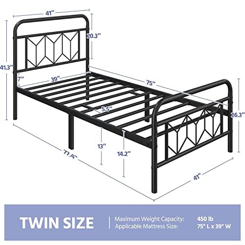 Topeakmart Twin Bed Frames Metal Platform Bed with Vintage Style Headboard/Mattress Foundation/No Box Spring Needed/Under Bed Storage/Strong Slat Support Black Twin Bed