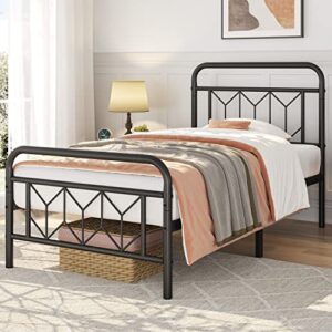 Topeakmart Twin Bed Frames Metal Platform Bed with Vintage Style Headboard/Mattress Foundation/No Box Spring Needed/Under Bed Storage/Strong Slat Support Black Twin Bed