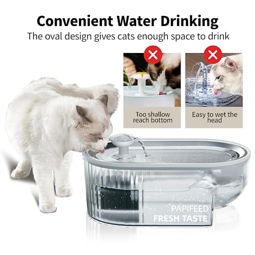 Premium Cat Water Fountain - 304 Stainless Steel Tray, Ultra-Quiet 5V Pump, Emergency Water Storage, 360 Degree Transparent Water Tank with Water Level Indicator, 84oz/2.5L, Oval Design, LED Light