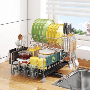 slhsy dish drying rack,2 tier dish racks for kitchen counter, rust-proof dish drainer,large dish drying rack with drainboard,utensil holder,knife block and drying mat