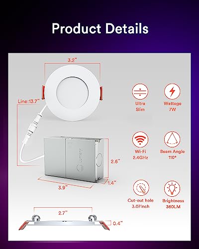 Lumary 3 Inch Smart Recessed Lighting WiFi Bluetooth Smart LED Recessed Lights 7W 350LM LED Wafer Downlight with Junction Box Work with Alexa/Google Assistant(1 Pack)