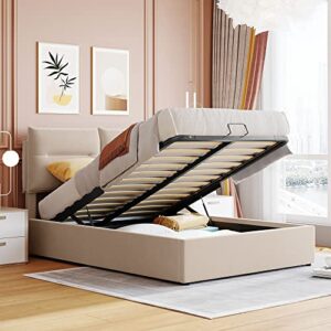 merax full upholstered platform bed with a hydraulic storage system, beige