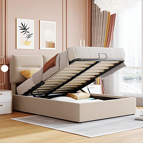 Merax Full Upholstered Platform Bed with a Hydraulic Storage System, Beige