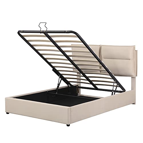 Merax Full Upholstered Platform Bed with a Hydraulic Storage System, Beige