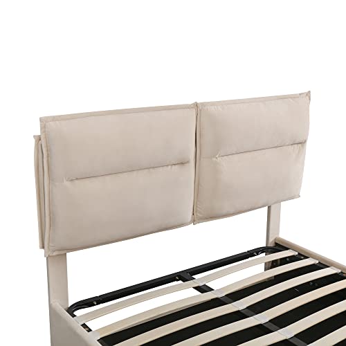 Merax Full Upholstered Platform Bed with a Hydraulic Storage System, Beige