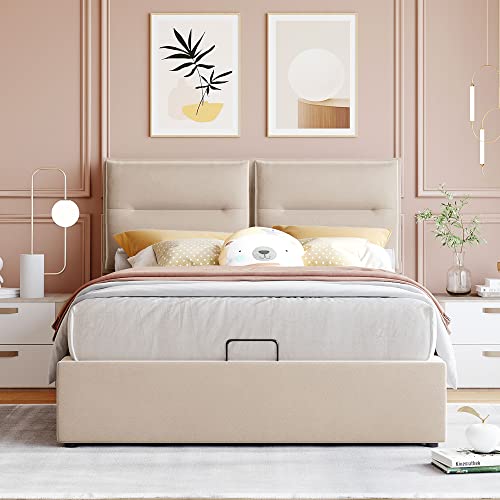 Merax Full Upholstered Platform Bed with a Hydraulic Storage System, Beige