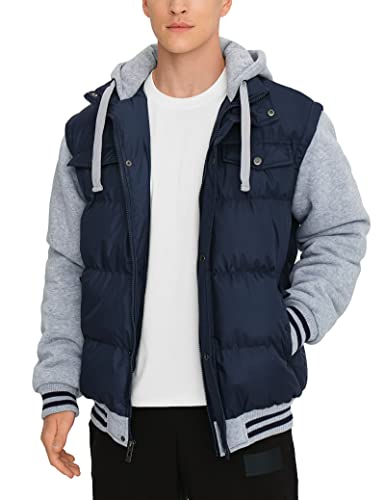 BEST SOUTH Men's Hooded Winter Coats Water Resistant Warm Thicken Insulated Full Zip Windproof Jackets with Pockets Blue Grey 4XL