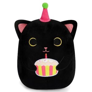 kophinye black cat plush, 8 inch birthday cat stuffed animal happy birthday plush cute cat plush pillow with cake, kawaii cat plushie birthday plush for girls, boys and cats