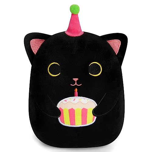 KOPHINYE Black Cat Plush, 8 inch Birthday Cat Stuffed Animal Happy Birthday Plush Cute Cat Plush Pillow with Cake, Kawaii Cat Plushie Birthday Plush for Girls, Boys and Cats