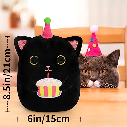 KOPHINYE Black Cat Plush, 8 inch Birthday Cat Stuffed Animal Happy Birthday Plush Cute Cat Plush Pillow with Cake, Kawaii Cat Plushie Birthday Plush for Girls, Boys and Cats