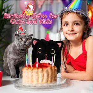 KOPHINYE Black Cat Plush, 8 inch Birthday Cat Stuffed Animal Happy Birthday Plush Cute Cat Plush Pillow with Cake, Kawaii Cat Plushie Birthday Plush for Girls, Boys and Cats