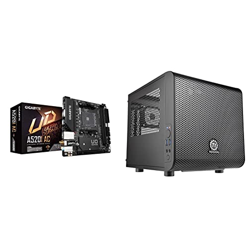 Gigabyte A520I AC & Thermaltake Core V1 SPCC Mini ITX Cube Gaming Computer Case Chassis, Interchangeable Side Panels, Black Edition, CA-1B8-00S1WN-00