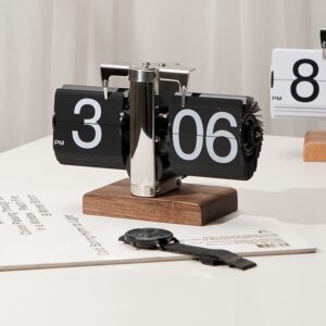 walnut wood base flip down clock,retro digital flip desk clock,vintage design auto flip clock,mechanical clock,battery operated digital display,home and office decorations(no battery included)-black