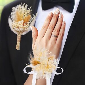 wrist corsage and boutonniere set, boho pampas bouquet for wedding men women groom bride prom anniversary flowers decoration (2 pcs)