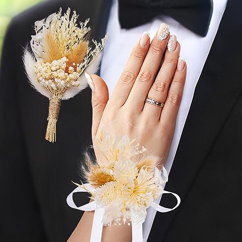 Wrist Corsage and Boutonniere Set, Boho Pampas Bouquet for Wedding Men Women Groom Bride Prom Anniversary Flowers Decoration (2 Pcs)