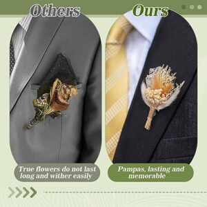 Wrist Corsage and Boutonniere Set, Boho Pampas Bouquet for Wedding Men Women Groom Bride Prom Anniversary Flowers Decoration (2 Pcs)