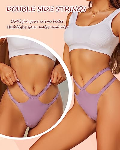 FINETOO Seamless Thongs for Women High Waisted Underwear G String Sexy Tangas Invisible Panties Lace Trim No Show 6 Pack S-XL