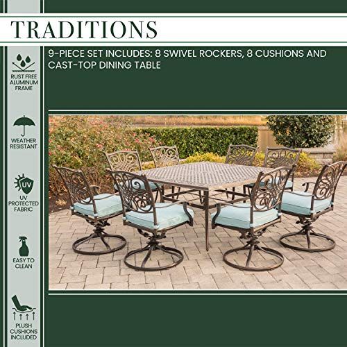 Hanover Traditions 9-Piece Rust-Free Aluminum Outdoor Patio Dining Set, 8 Swivel Rockers and Aluminum Square Dining Table & DC America UBP18181-BR 18-Inch Cast Stone Umbrella Base