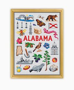 alabama collection cs1859 - counted cross stitch kit#2 prime. set of threads, needles, aida fabric, needle threader, embroidery clippers and printed color pattern inside.