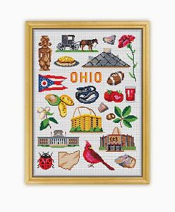 ohio collection cs1932 - counted cross stitch kit#2 prime. set of threads, needles, aida fabric, needle threader, embroidery clippers and printed color pattern inside.