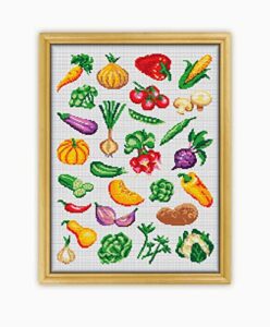 vegetables collection cs1657 - counted cross stitch kit#2 prime. set of threads, needles, aida fabric, needle threader, embroidery clippers and printed color pattern inside.