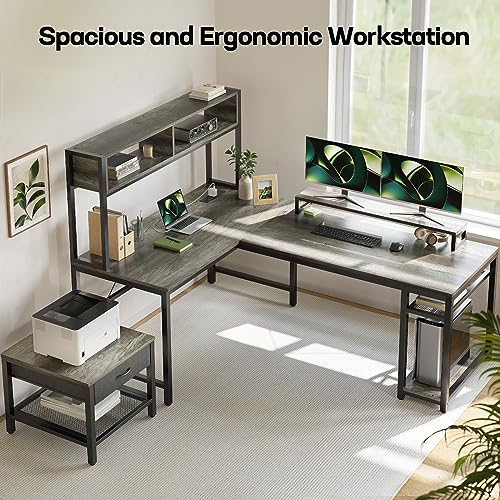 Marsail L-Shaped Computer Desk with Power Outlet & LED Strip, Reversible Corner Desk with Storage Shelf & Monitor Stand, L Shaped Desk Gaming Desk with Separate Printer Stand for Home Office,Grey