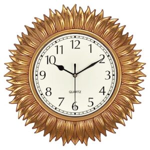 skynature wall clocks battery operated, 12 inch boho sunflower wall clock for living room decor, silent non-ticking small analog clock for kitchen, bedroom, bathroom, office - gold