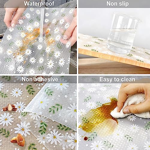 Shelf Liner, Waterproof Refrigerator Liner, Drawer Liners for Kitchen Cabinet, Bathroom Sink Mat No Slip Cupboard Mats Non Adhesive Fridge Liner EVA Place Mats Roll - Leaf Daisy 17.7"×78.7"