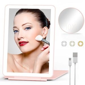 travel makeup mirror with lights, 10x magnifying round mirror, rechargeable lighted vanity compact mirror with 80 leds, 3 color portable light up folding cosmetic mirror travel essentials for women