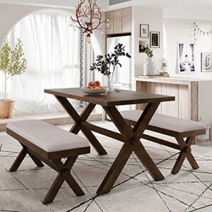 harper & bright designs 3-piece wood dining table set, farmhouse rustic kitchen dining table with 2 upholstered benches, brown+beige