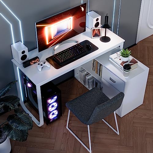 Cozy Castle L-Shaped Computer Desk, Home Office Desk, Corner Desk with Drawer and 2 Shelves, Study Writing Table with Storage Cabinet, Combination Computer Desk, White