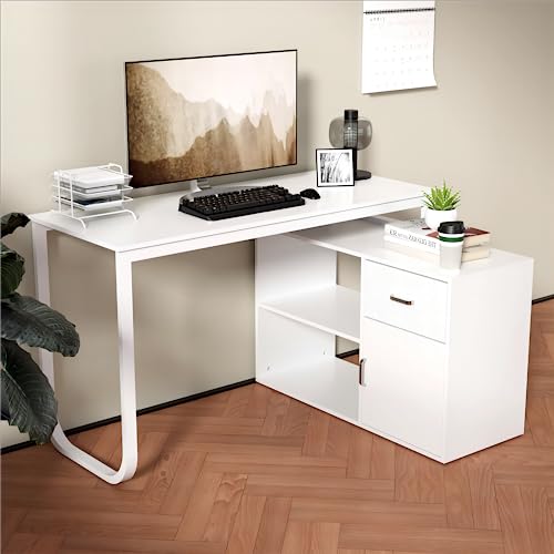 Cozy Castle L-Shaped Computer Desk, Home Office Desk, Corner Desk with Drawer and 2 Shelves, Study Writing Table with Storage Cabinet, Combination Computer Desk, White