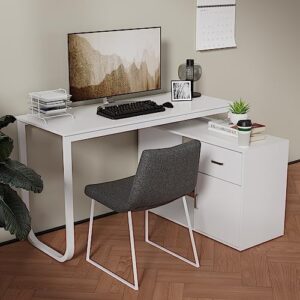 Cozy Castle L-Shaped Computer Desk, Home Office Desk, Corner Desk with Drawer and 2 Shelves, Study Writing Table with Storage Cabinet, Combination Computer Desk, White