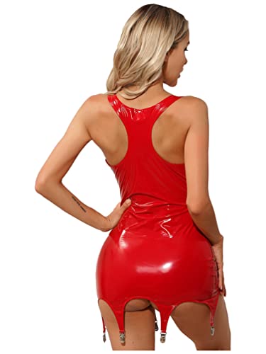 YiZYiF Women's Wetlook Sexy Leather Dress Open Breast Cupless Bodycon Zipper Mini Dress Clubwear Garter Red Medium