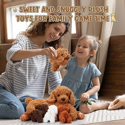 Honoson Nurturing Dog Stuffed Animal with Puppies, Mommy Dog with 4 Baby Puppy Soft Cute Stuffed Plush Dog Puppy for Kids Birthday Gifts Party Favors (Curly Dog)