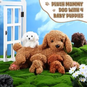 Honoson Nurturing Dog Stuffed Animal with Puppies, Mommy Dog with 4 Baby Puppy Soft Cute Stuffed Plush Dog Puppy for Kids Birthday Gifts Party Favors (Curly Dog)