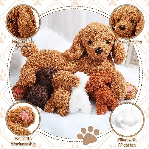 Honoson Nurturing Dog Stuffed Animal with Puppies, Mommy Dog with 4 Baby Puppy Soft Cute Stuffed Plush Dog Puppy for Kids Birthday Gifts Party Favors (Curly Dog)