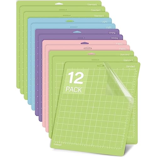 Srunffe 12 Pack Cutting Mats for Cricut Maker/Maker 3/Explore 3/Air/Air 2, Variety Adhesive Replacement Cut Mats compatible with Cricut Machines, Standard/Light/Strong/Frabic