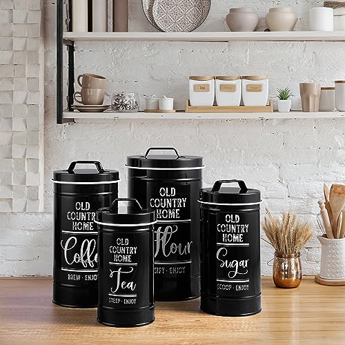 DAYYET Black Canisters Sets for the Kitchen, Airtight Kitchen Canisters for Countertop, Flour and Sugar Containers, Tea Coffee Sugar Canister Set, Black Kitchen Decor and Accessories, Set of 4