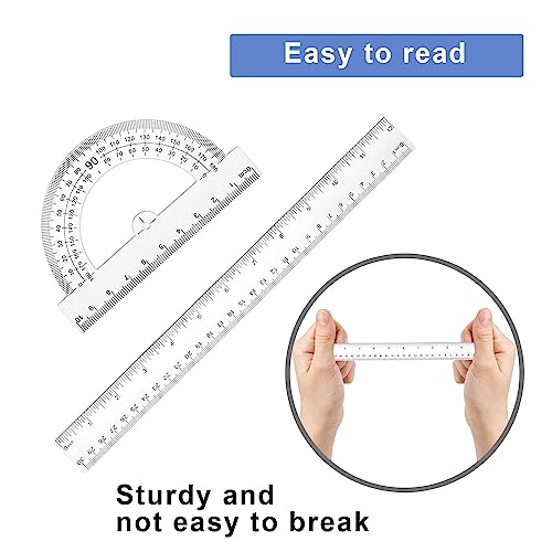 Thinp 4 Pieces Ruler Set Includes 12 Inch Straight Ruler Triangle Ruler and Protractor Math Geometry Tool Shatterproof Plastic Rulers Clear Ruler Measuring Tool for School Office Home Supplies