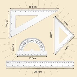 Thinp 4 Pieces Ruler Set Includes 12 Inch Straight Ruler Triangle Ruler and Protractor Math Geometry Tool Shatterproof Plastic Rulers Clear Ruler Measuring Tool for School Office Home Supplies