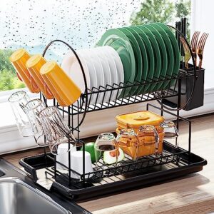 z&l house 2-tier dish drying rack, space saving metals dish dryer rack with drainboard, small dish racks for kitchen counter with cup holder utensil holder black