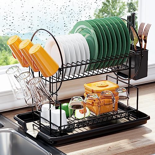 Z&L HOUSE 2-Tier Dish Drying Rack, Space Saving Metals Dish Dryer Rack with Drainboard, Small Dish Racks for Kitchen Counter with Cup Holder Utensil Holder Black