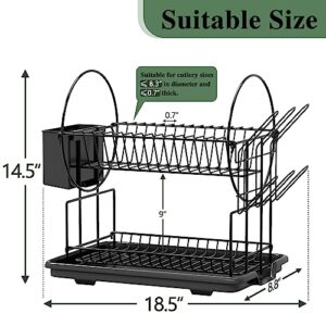 Z&L HOUSE 2-Tier Dish Drying Rack, Space Saving Metals Dish Dryer Rack with Drainboard, Small Dish Racks for Kitchen Counter with Cup Holder Utensil Holder Black