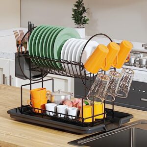 Z&L HOUSE 2-Tier Dish Drying Rack, Space Saving Metals Dish Dryer Rack with Drainboard, Small Dish Racks for Kitchen Counter with Cup Holder Utensil Holder Black