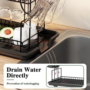 Z&L HOUSE 2-Tier Dish Drying Rack, Space Saving Metals Dish Dryer Rack with Drainboard, Small Dish Racks for Kitchen Counter with Cup Holder Utensil Holder Black