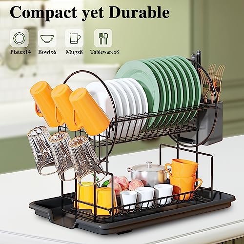 Z&L HOUSE 2-Tier Dish Drying Rack, Space Saving Metals Dish Dryer Rack with Drainboard, Small Dish Racks for Kitchen Counter with Cup Holder Utensil Holder Black