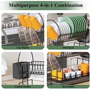 Z&L HOUSE 2-Tier Dish Drying Rack, Space Saving Metals Dish Dryer Rack with Drainboard, Small Dish Racks for Kitchen Counter with Cup Holder Utensil Holder Black